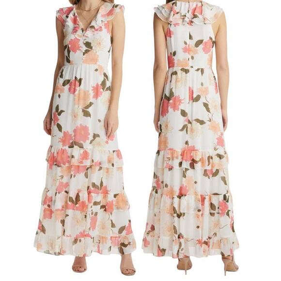 VICI Collection dress white floral print tiered chiffon - Picture 1 of 5